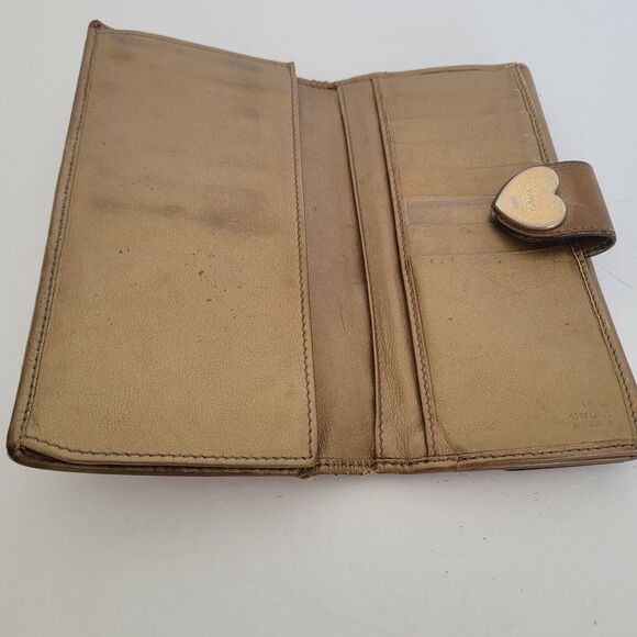 GUCCI Signature Heart Wallet Purse Leather Canvas Clutch Large Beige Tan Fair - Picture 3 of 12